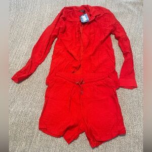 Boohoo Bold Red Textured Shirt and Shorts Set